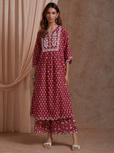 Red Mirror Embroidered & Hand Block Printed Cotton Front Pleated Round Neck Kurta