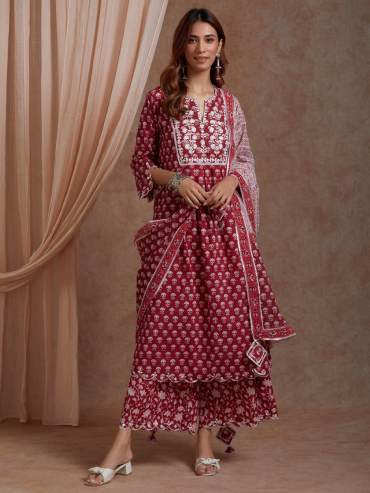 Red Mirror Embroidered & Hand Block Printed Cotton Front Pleated Round Neck Suit- Set of 3