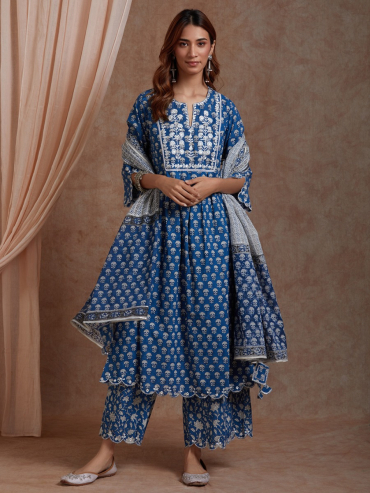 Blue Mirror Embroidered & Hand Block Printed Cotton Front Pleated Round Neck Kurta