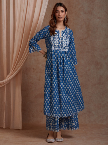 Blue Mirror Embroidered & Hand Block Printed Cotton Front Pleated Round Neck Kurta