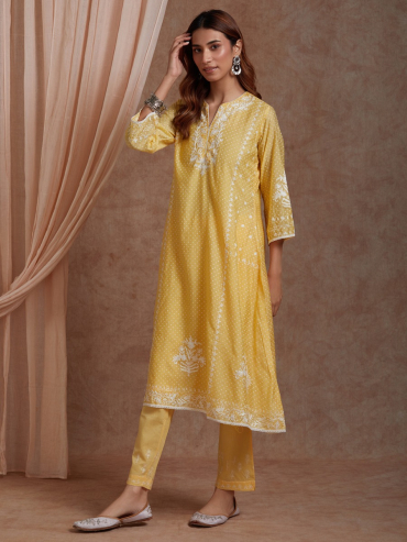 Yellow Aari embroidery Chanderi Round Neck Kurta