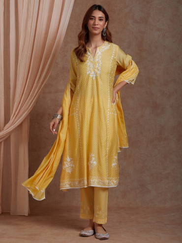 Yellow Aari Embroidery Chanderi Dupatta