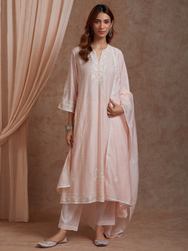 Peach Aari embroidery Chanderi Round Neck Kurta