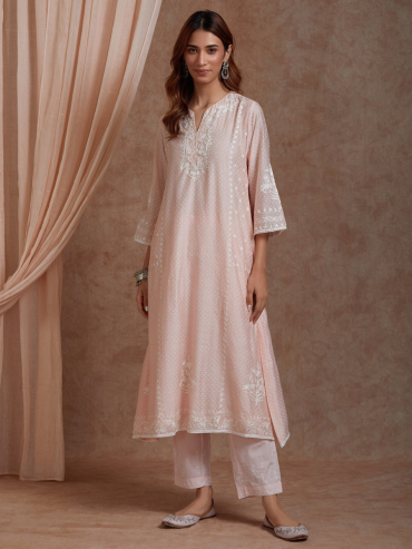 Peach Aari embroidery Chanderi Round Neck Kurta