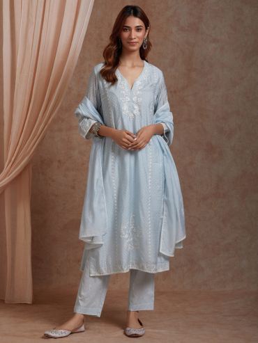 Powder Blue Aari embroidery Chanderi Round Neck Kurta