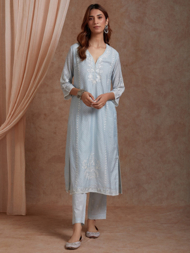 Powder Blue Aari embroidery Chanderi Round Neck Suit - Set of 3