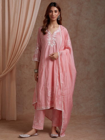 Light Pink Aari embroidery Chanderi Round Neck Kurta