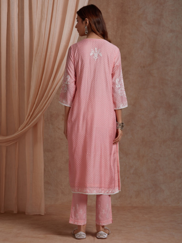 Light Pink Aari embroidery Chanderi Round Neck Kurta