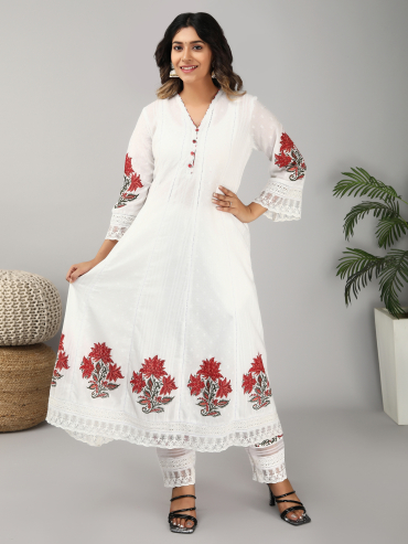 Off-White Red Hand Block Printed Cotton Dobby V-Neck Anarkali Kurta Set of 3