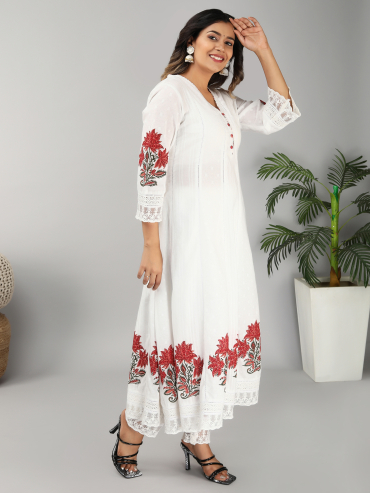 Off-White Red Hand Block Printed Cotton Dobby V-Neck Anarkali Kurta