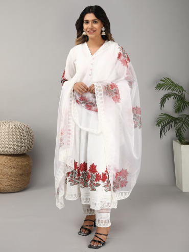 Off-White Red Hand Block Printed Organza Dupatta