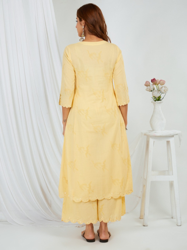 Yellow Printed Cotton Embroidered Dupatta