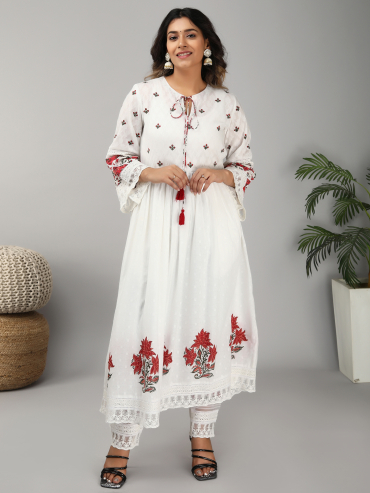 Off-White Red Hand Block Printed Cotton Dobby Round Neck Kurta Set of 3