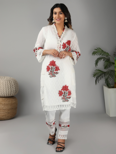 Off-White Red Hand Block Printed Cotton Dobby Short Kurta Set of 3