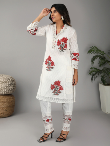 Off-White Red Hand Block Printed Cotton Dobby Short Kurta