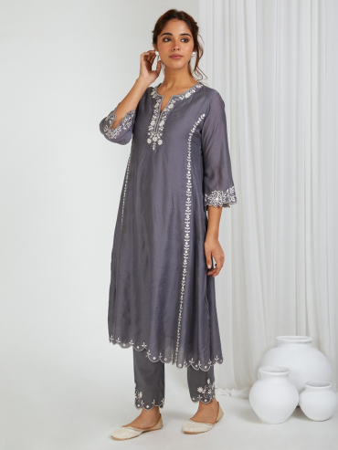 Grey Embroidered Round Neck Chanderi Kurta with Pant- Set of 2