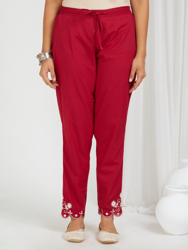 Red Embroidered Cotton Pants