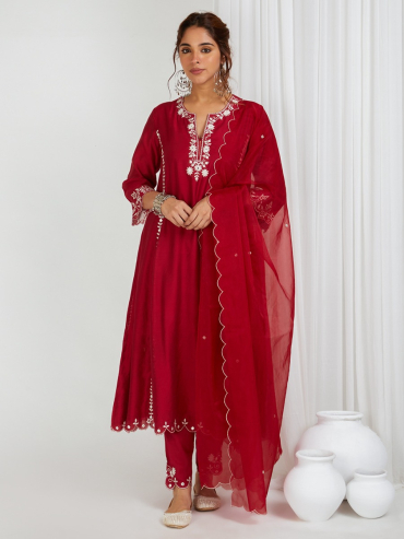 Red Embroidered Organza Dupatta