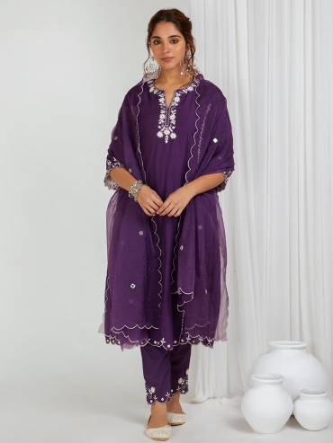 Purple Embroidered Organza Dupatta