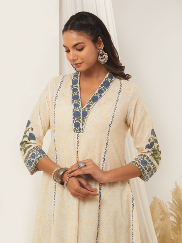 Off-White Blue Hand Block Printed Cotton Anarkali V-Neck Kurta