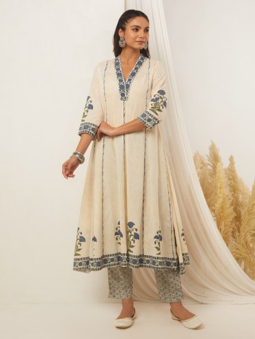 Off-White Blue Hand Block Printed Cotton Anarkali V-Neck Kurta