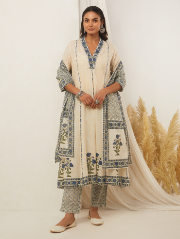 Off-White Blue Hand Block Printed Cotton Anarkali V-Neck Suit Set of 3