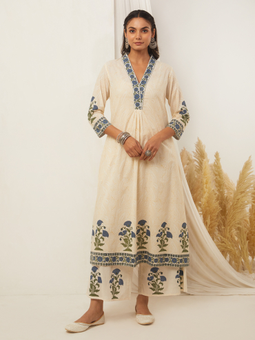 Off-White Blue Hand Block Printed Cotton Front Gather Kurta