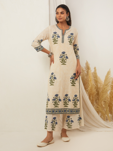 Off-White Blue Hand Block Printed Cotton Kurta