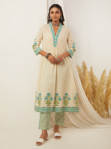 Off-White Green Hand Block Printed Cotton Front Gather Kurta