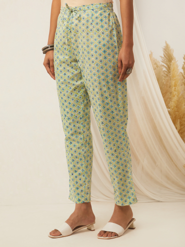 Off-White Green Hand Block Printed Cotton Pant