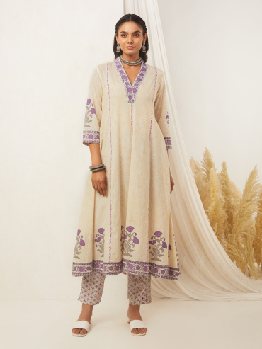 Off-White Purple Hand Block Printed Cotton Anarkali V-Neck Kurta