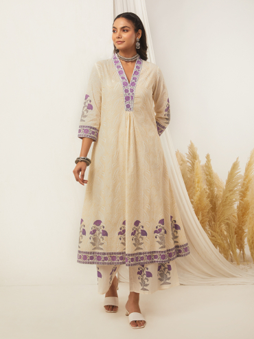 Off-White Purple Hand Block Printed Cotton Front Gather Kurta