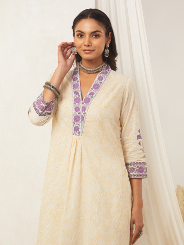 Off-White Purple Hand Block Printed Cotton Front Gather Kurta