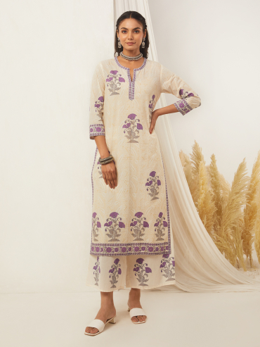 Off-White Purple Hand Block Printed Cotton Kurta