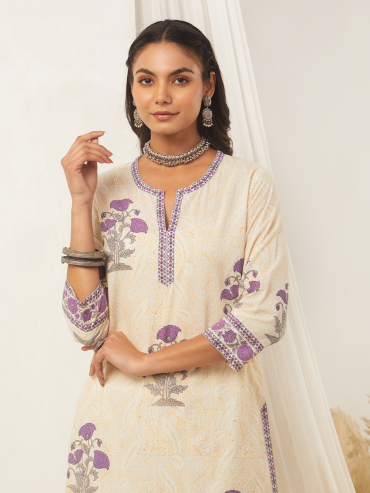 Off-White Purple Hand Block Printed Cotton Kurta