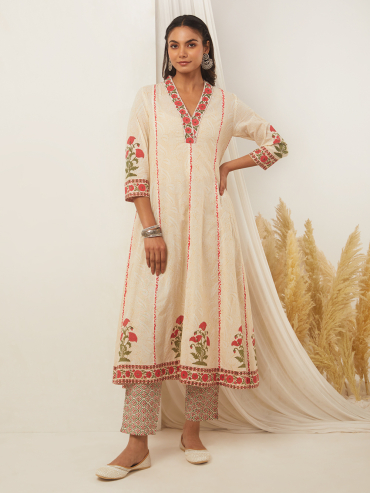 Off-White Red Hand Block Printed Cotton Anarkali V-Neck Kurta