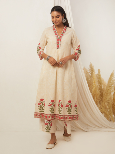 Off-White Red Hand Block Printed Cotton Front Gather Kurta