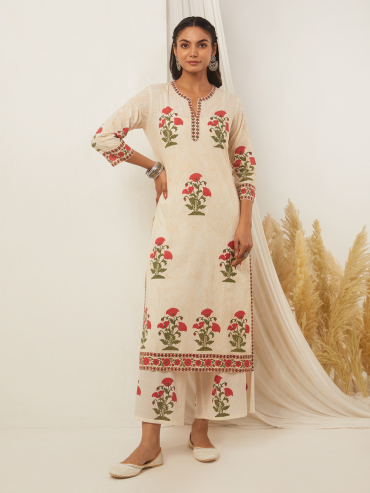 Off-White Red Hand Block Printed Cotton Kurta