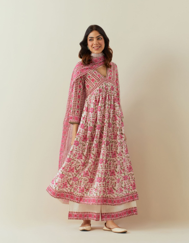 Off-White Pink Hand Block Printed Cotton Dupatta