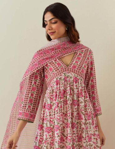 Off-White Pink Hand Block Printed Cotton Dupatta