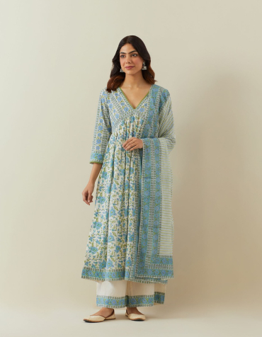 Off-White Blue Hand Block Printed Cotton Gathered Kurta & Palazzo-Set of 2