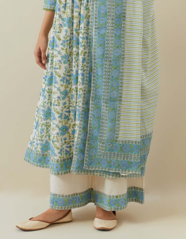 Off-White Blue Hand Block Printed Cotton Dupatta