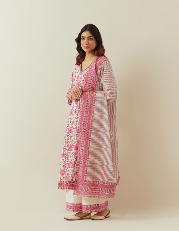 Off-White Pink Hand Block Printed Cotton V-Neck Kurta & Palazzo-Set of 2