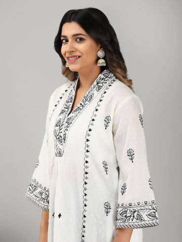 V-Neck Off-White Grey Cotton Dobby Kurta