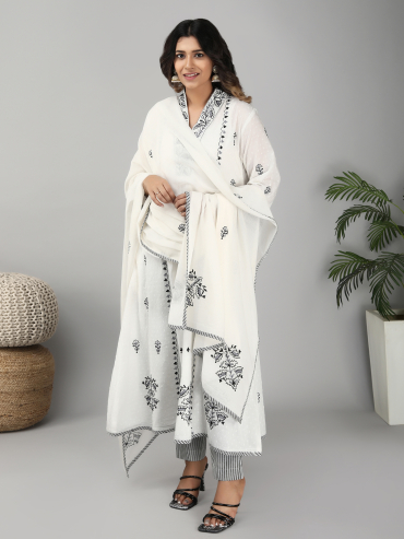 Off-White Cotton Dupatta with Grey Aari Embroidery