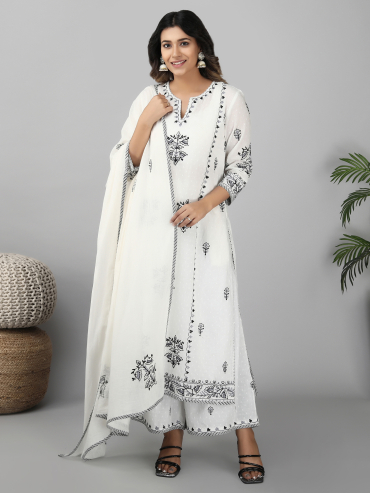 Off-White Cotton Dupatta with Grey Aari Embroidery