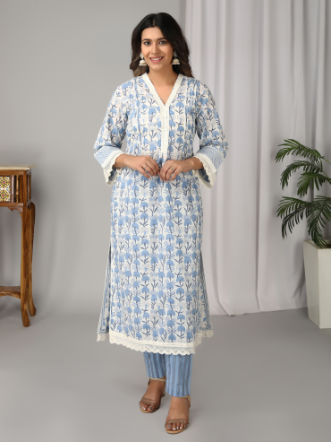 Off-White Blue Hand Block Printed V-Neck Kurta, Pant & Dupatta Set of 3