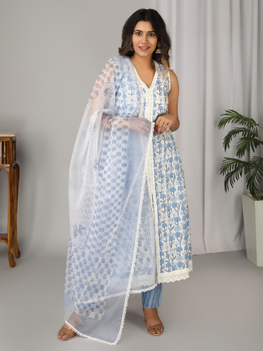 Off-White Blue Hand Block Printed V-Neck, Sleeve Less Kurta, Pant & Dupatta Set of 3