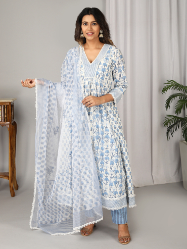 Off-White Blue Hand Block printed Organza Dupatta with Lace Details