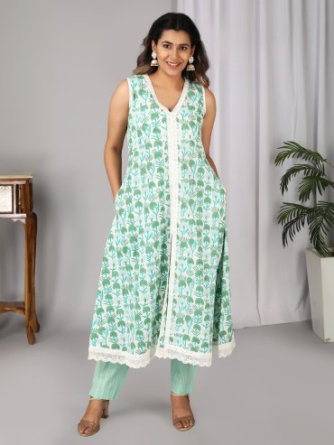 Off-White Green Hand Block Printed V-Neck, Sleeve Less Kurta